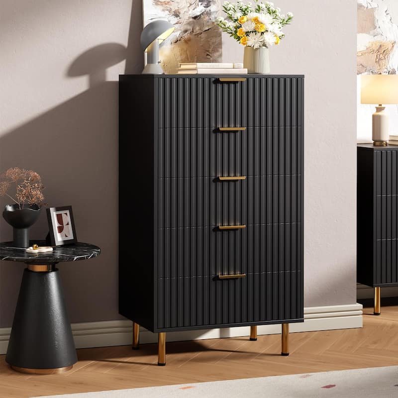 5 Drawer Fluted Dresser for Bedroom, Tall Modern Chest of Drawers with Deep Storage and Wide Top - Black