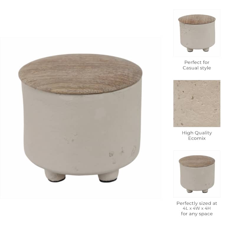 Pottery Indoor Candle with Wood Lid Footed Base and Natural Materials - 4" x 4" x 4"