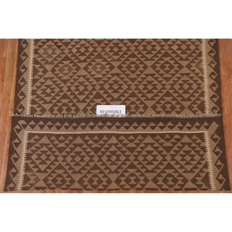 Brown Kilim Reversible Area Rug Hand-woven Wool Carpet - 6'5" x 9'5"