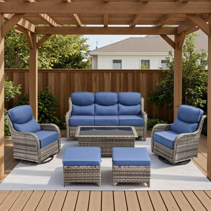 Arcadia 6-Piece Wicker Patio Conversation Set with Swivel Gliders and 6-Inch Thick Olefin Cushions - Navy Blue Cushions - Gray Wicker