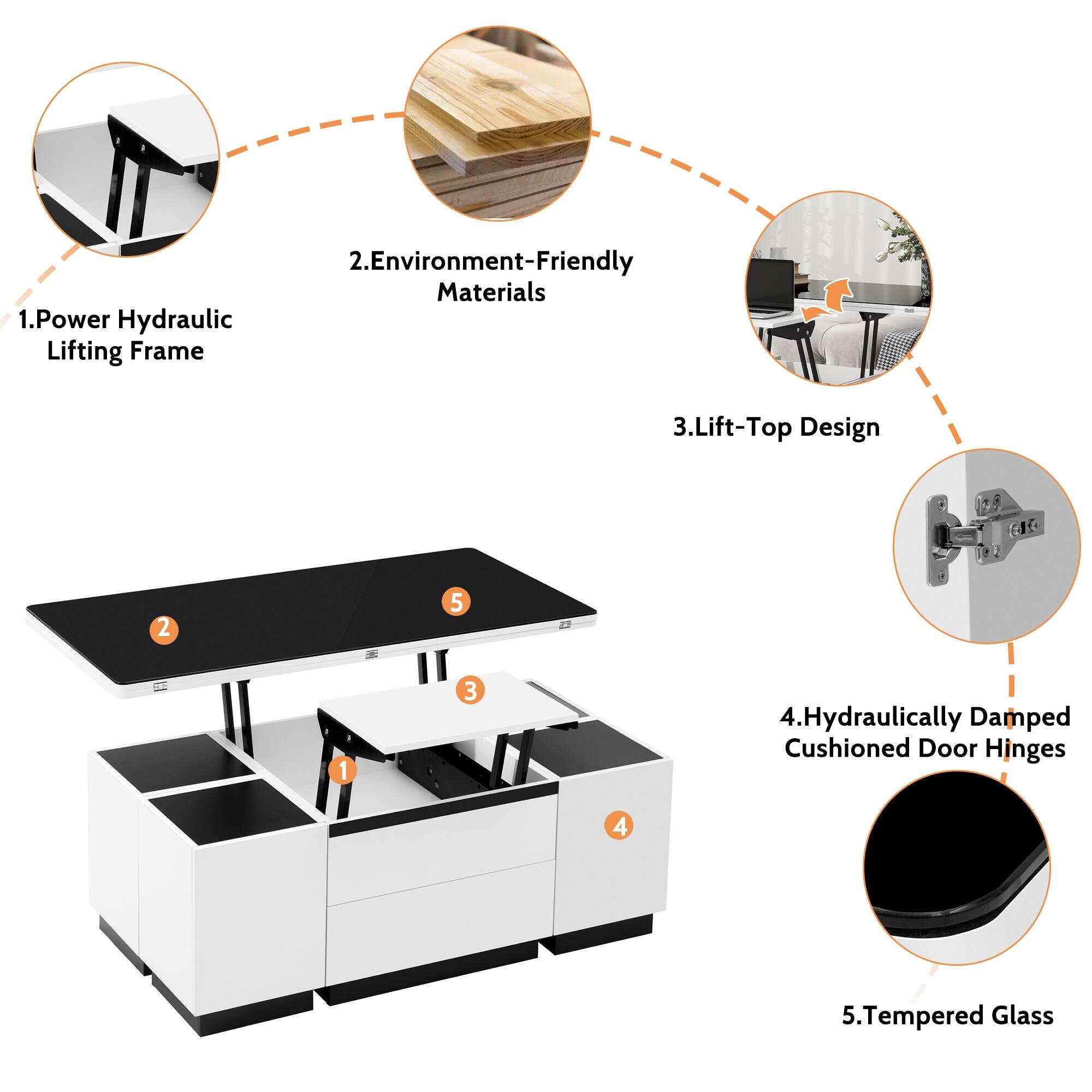 Modern White Lift Top Glass Coffee Table with Drawers & Storage