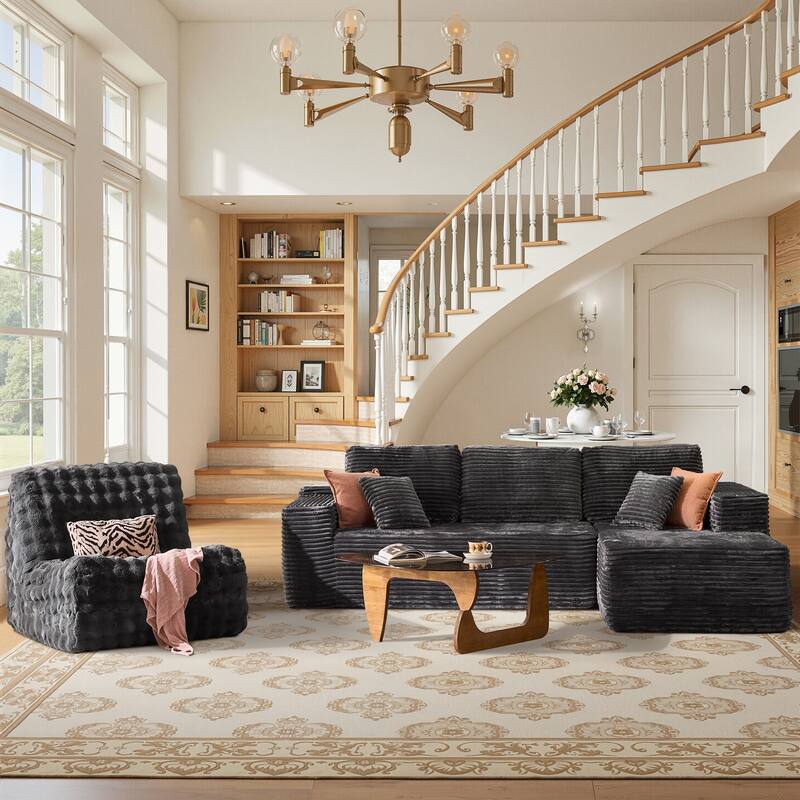 XIZZI Modern Plush Sectional Chaise Couch with Bean Bag Chair - Grey - Right Facing