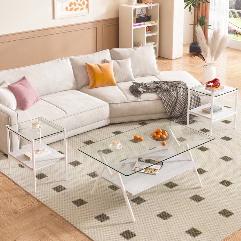 Coffee Table and End tables Set of 3, Tempered Glass Table with MDF layer, Modern Tables for Living Room , Transparent Glass - Transparent+White
