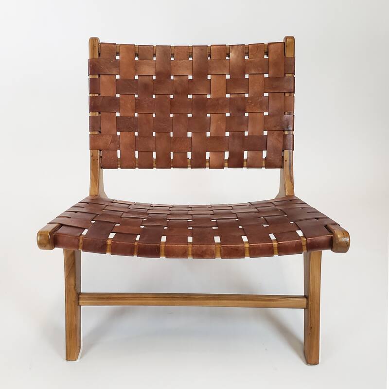 Brisot Square Weave Leather on Teak Wood Lounge Chair