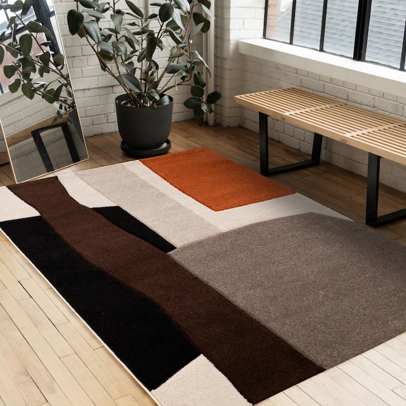 Orange Brown White Grey Geometric Living Room Statement Rug