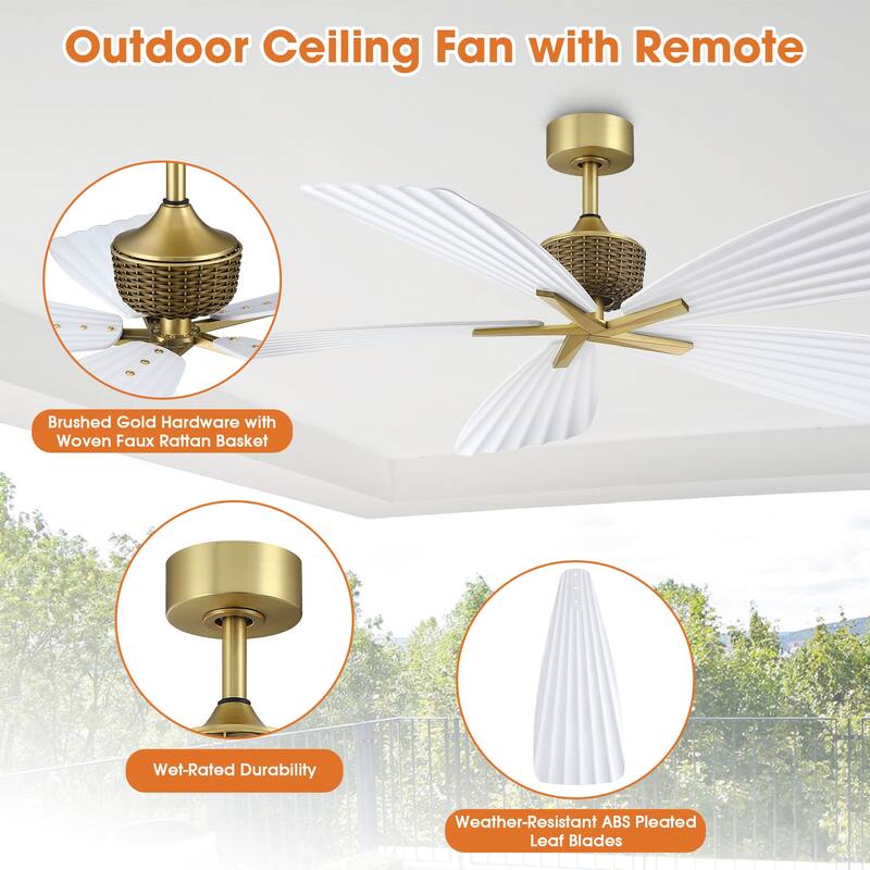 56" Tropical White Pleated Leaf 5-Blade Indoor Outdoor Ceiling Fan with Remote, No Light