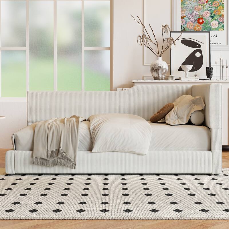 Twin Size L-Shaped Corduroy Daybed, Upholstered with Solid MDF Frame, Stylish Seating