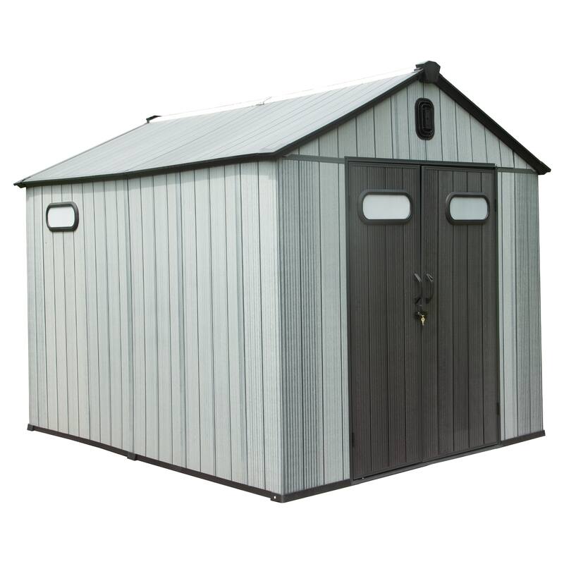 8X10FT Outdoor Resin Storage Shed, Waterproof Plastic Garden Shed with Lockable Door, Windows & Vents - Gray