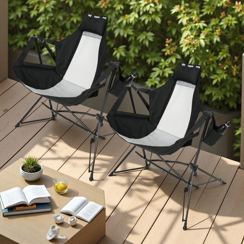 Steel Frame Hammock Camping Chair (2-Pack) with Adjustable Recliner with Pillow and Cup Holder, 250lb Capacity - Black
