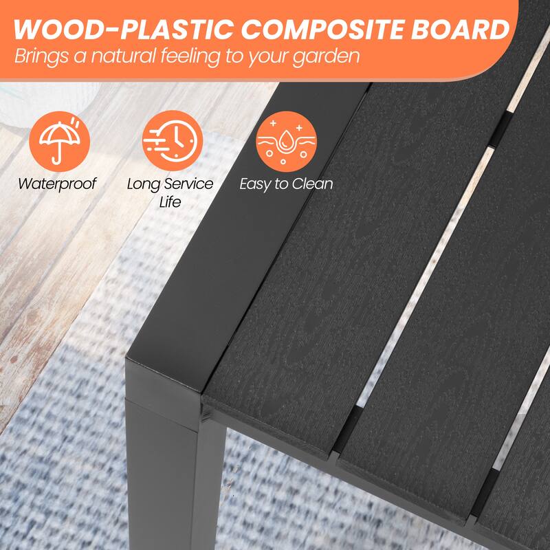 Set of 11 Outdoor Patio Dining Set WoodLike Table Top Aluminum Rectangular Umbrella Hole Table with Folding Teak Armrest Chairs