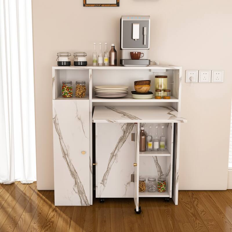 Folding Dining Table and Storage Sideboard with Charging Station， Multifunctional Space-Saving Kitchen Table with Wheels