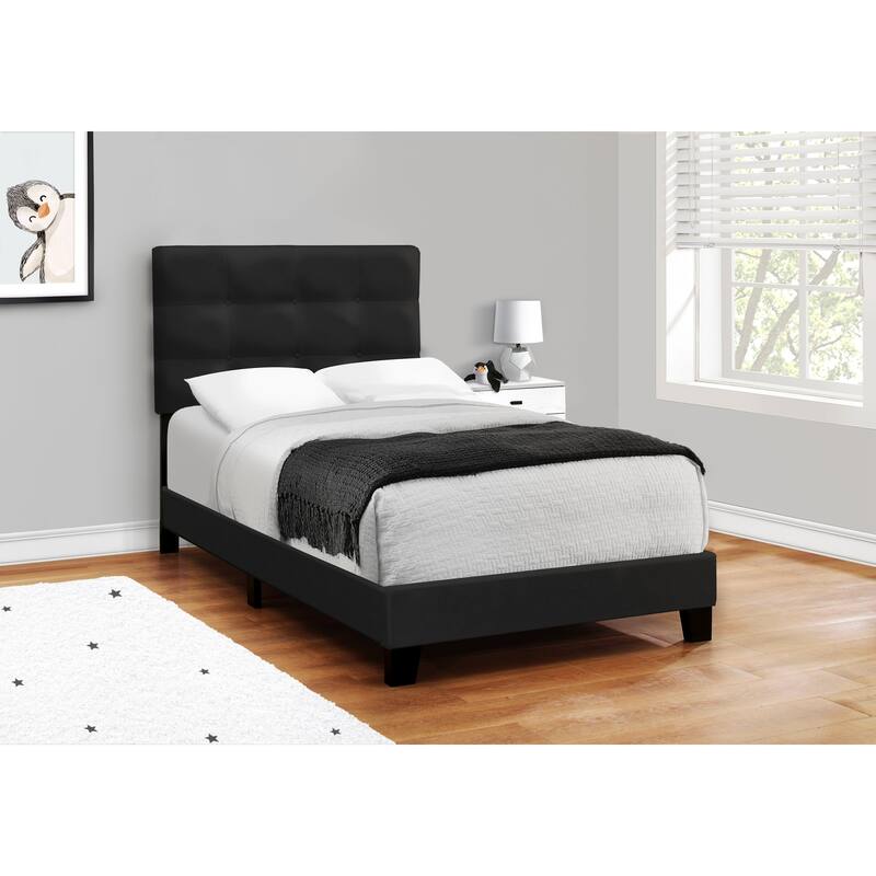 Twin Size Upholstered Platform Bed Frame in Black Velvet, Transitional Design - Black