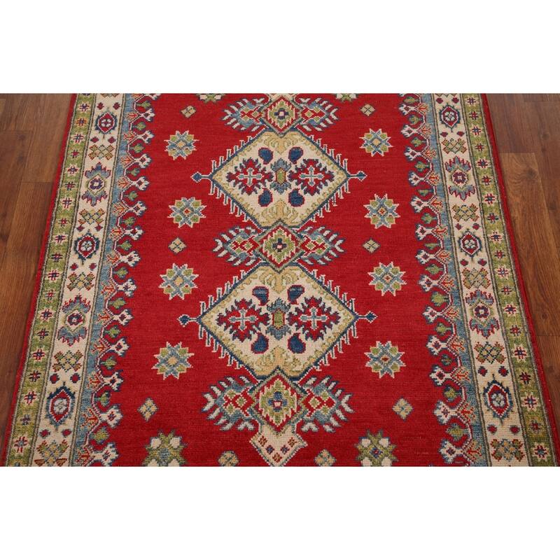 Red Geometric Kazak Accent Rug Hand-Knotted Wool Carpet - 3'5" x 4'10"