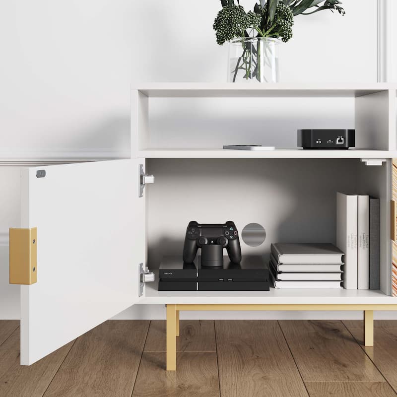 Izsak Media Console, TV Stand, Entertainment Cabinet with Herringbone Doors and Cubby Storage