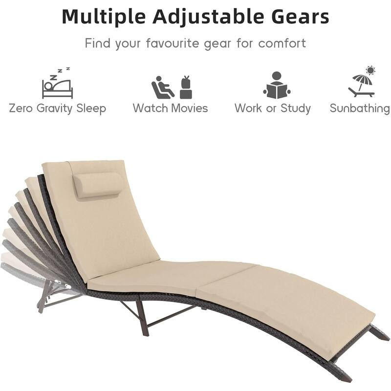 3-Pieces Wicker Outdoor Chaise Lounge Set w/ Two Foldable Lounge Chairs and one Side Table