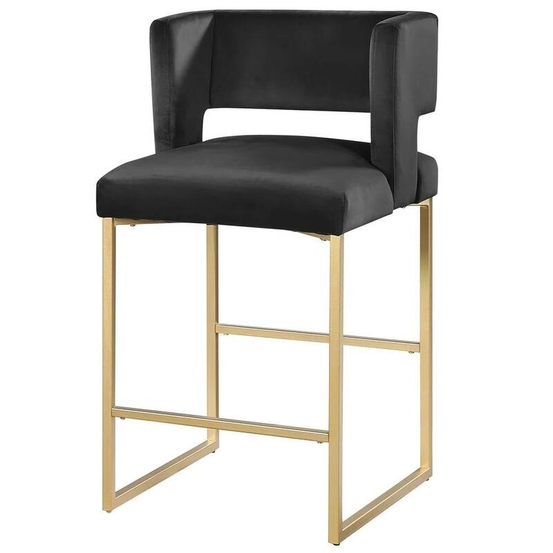 27 Inch Counter Stool Set of 2 with Soft Padded Black Velvet Upholstery, Gold Metal Legs, Kitchen Side Stool