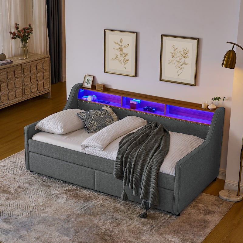 Grey Twin Size Upholstery DayBed with Three LED Lights,Storage Adjustable Headboard and Two Storage Pull Up Drawers - Grey