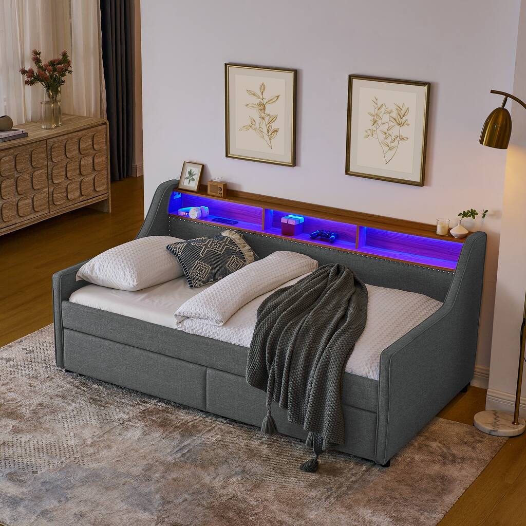 Grey Twin Upholstery Daybed with 3 LED Lights & 2 Storage Drawers