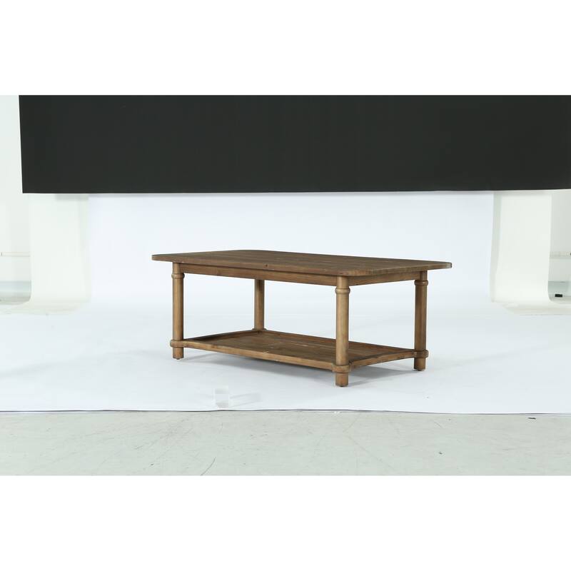47" Rectangle Coffee Table, Solid Wood Center Table with 2-Tier Storage - Brown