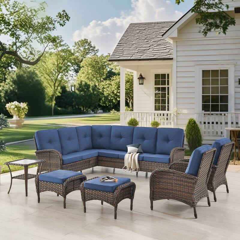 Gymojoy L-Shaped Outdoor Sectional Sofa Set with Patio Chairs, Ottomans & Side Table - Blue - 6-Piece