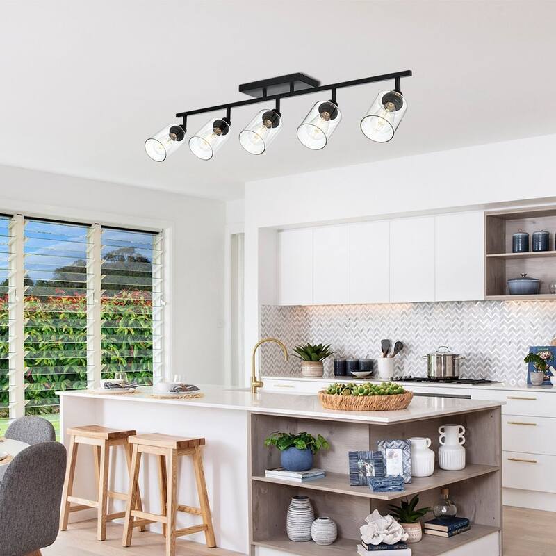 5-Light Vanity Light Bathroom Fixture with Clear Glass Shade, Rotating Metal Ceiling Spotlight Fixture with Track Heads