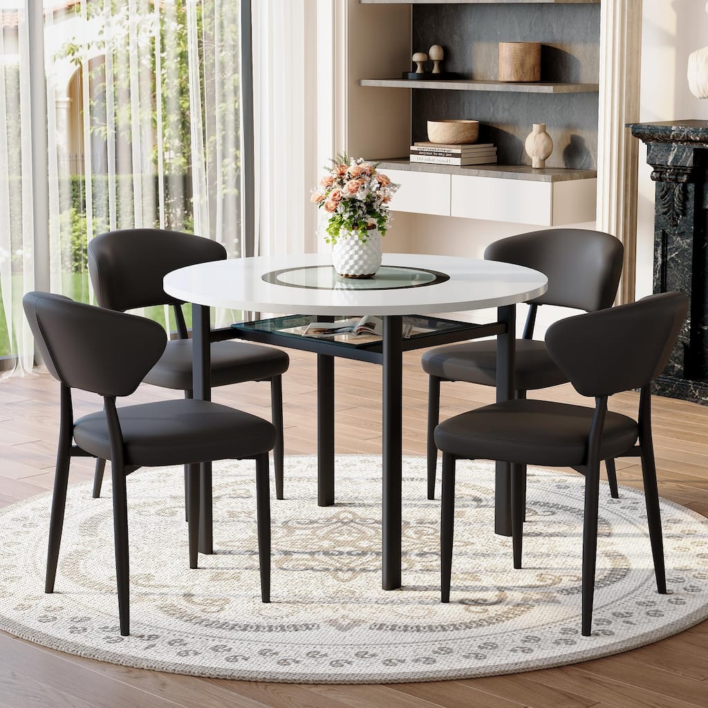 5-Piece Dining Table Set, 42" Modern Round Table with Lower Shelf, 4 Chairs, Minimalist Dining Table and Chairs Set for 4