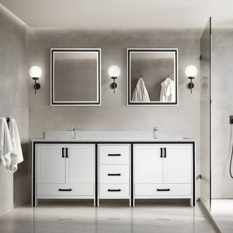 Ziva 80 in W x 22 in D White Double Bath Vanity, White Quartz Top, Faucet Set and 30 in Mirrors