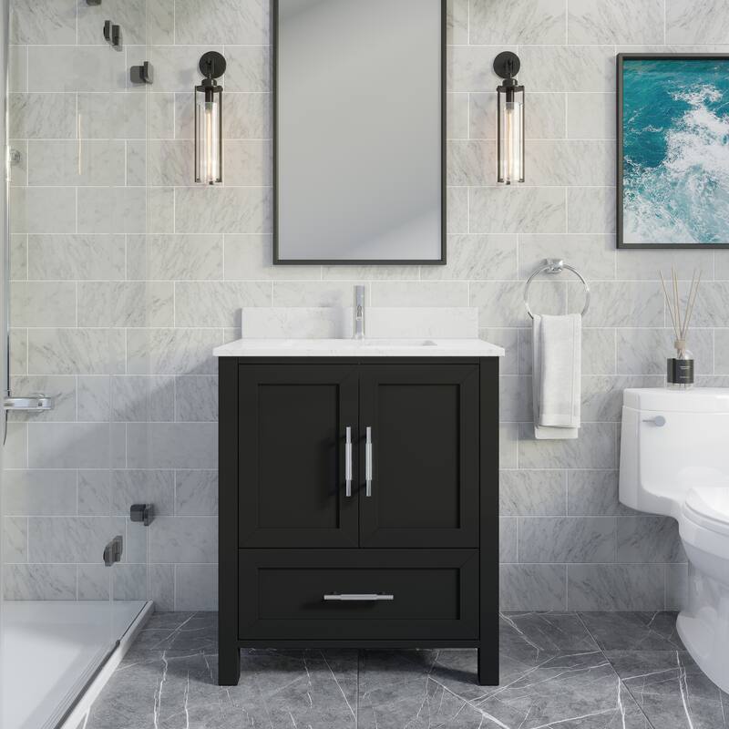 Banff 30-in Single Bath Vanity with Engineered Stone Top and Drawer Organizer - Black