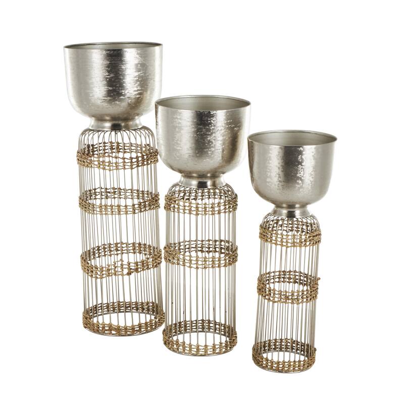 Metal Textured Dome Indoor Planter with Woven Seagrass or Rattan and Cage Rod Base - Set of 3 Gold or Silver - Roche River Decor
