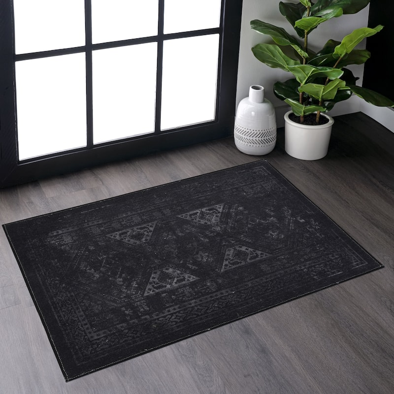 2x3 Area Rugs for Living Room,Washable Rug, Low-Pile, Non-Slip, Non-Shedding, Foldable, Kid & Pet Friendly - 3'6" - Black+ Gray