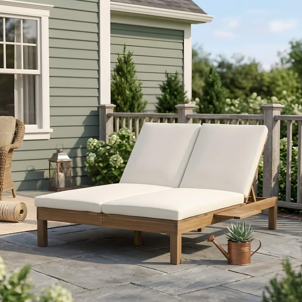 5-position adjustable backrest double recliner, outdoor lounger with cushion and foldable side tray, accommodates two people.