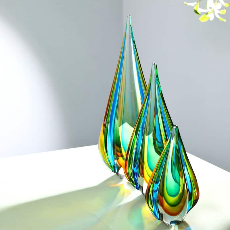 Luxury Lane Hand Blown Green Flame Teardrop Sommerso Art Glass Sculpture 10-18 inch tall - Green - 10