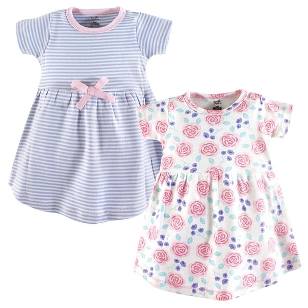 slide 1 of 1, Touched by Nature Baby and Toddler Girl Organic Cotton Short-Sleeve Dresses 2pk, Pink Rose 4T - Baby Toddler Pink Rose Short Sleeve