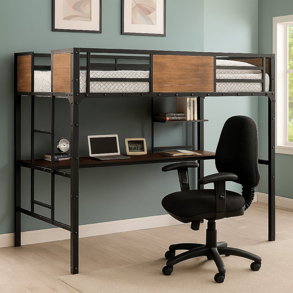 Wooden & Metal Twin Size Bunk Bed with Workstation, Black