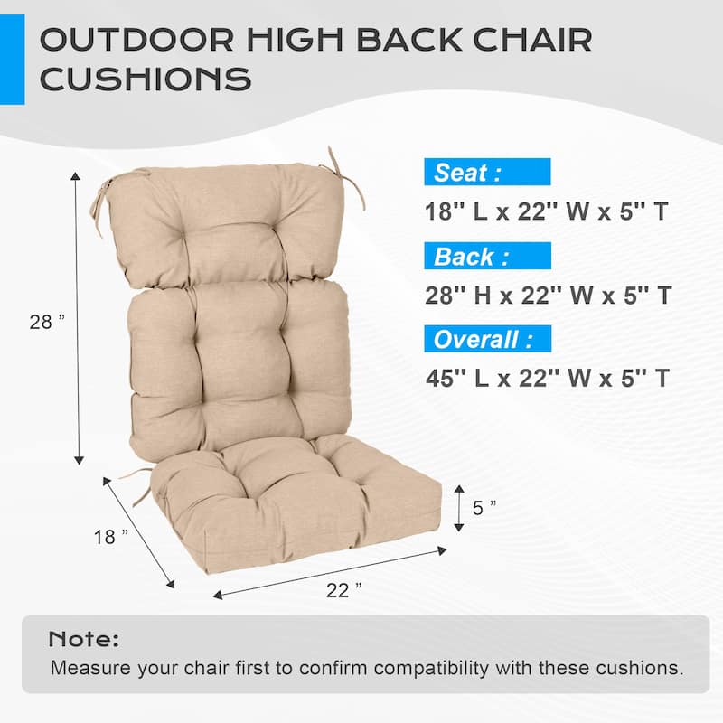 Aoodor Outdoor 45"x 22" x5" Tufted High Back Cushions Patio Replacement Chair Cushion with Ties, Set of 2 - 45" x 22" x 5"