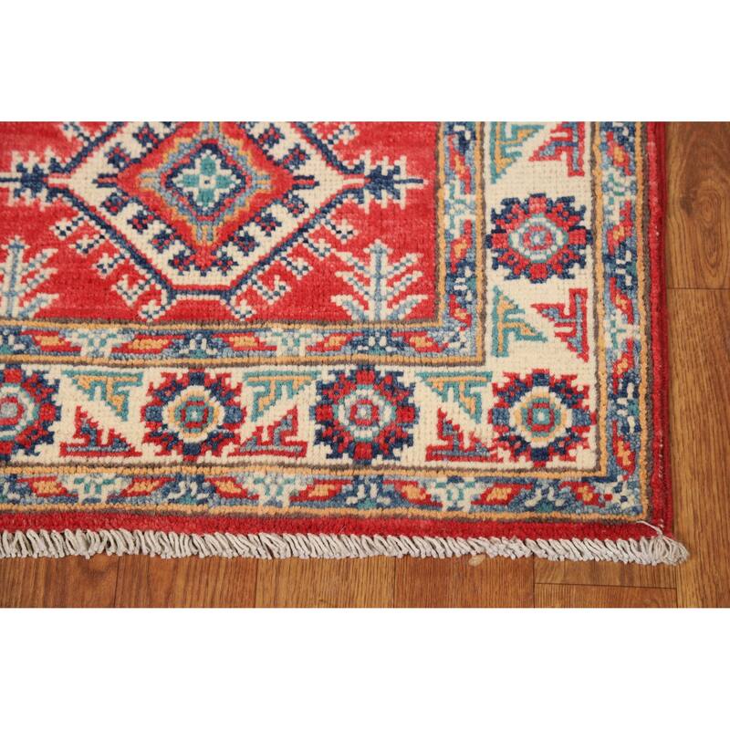 Red Geometric Kazak Accent Foyer Rug Hand-Knotted Wool Carpet - 2'0"x 3'0"