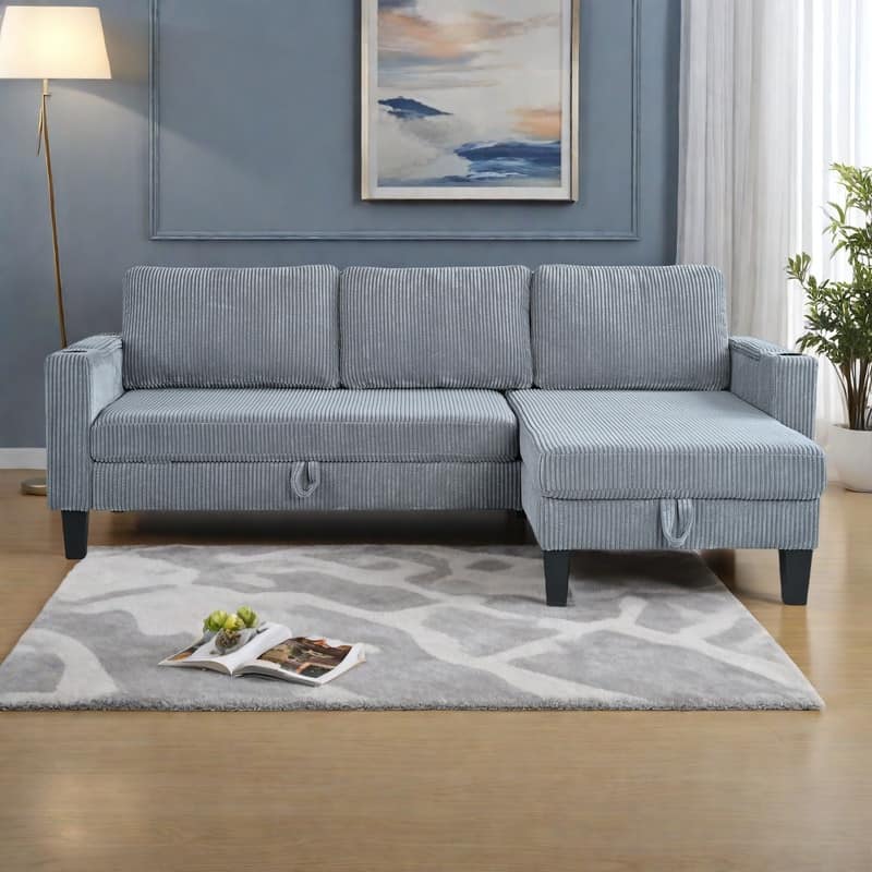 82.5" Corduroy Reversible Sectional Sofa with Storage Chaise, USB Ports, and Convertible Sleeper - Gray