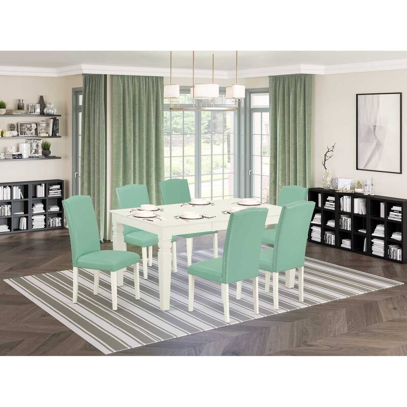 7Pc Dinette Table Set - 42x60" Rectangular Table w/ Leaf & 6 Parsons Chairs - Linen White Legs, Pond PU Leather