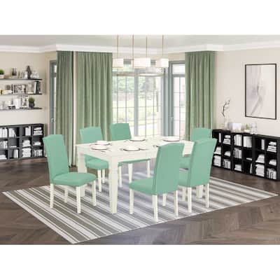 7Pc Dinette Table Set - 42x60" Rectangular Table w/ Leaf & 6 Parsons Chairs - Linen White Legs, Pond PU Leather