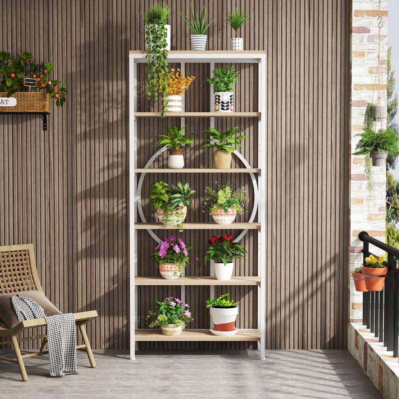 70.9"H x 27.6"W Industrial Geometric Bookcase, 6-Tier Tall Bookshelf, Wood Display Shelf Storage Shelves