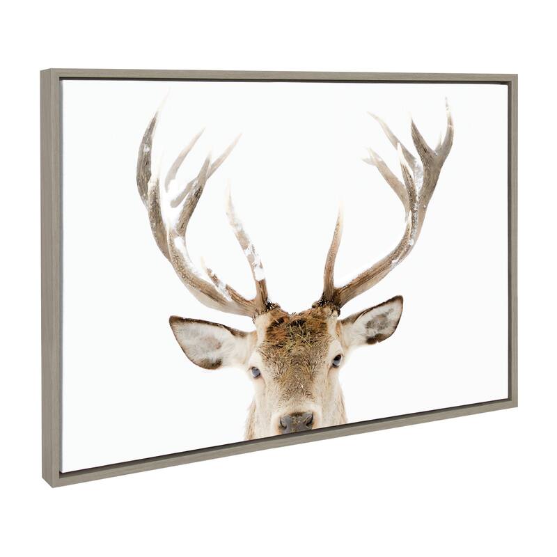 Kate and Laurel Sylvie Stag Peekaboo Framed Canvas by Amy Peterson Art Studio - 23x33 - Grey