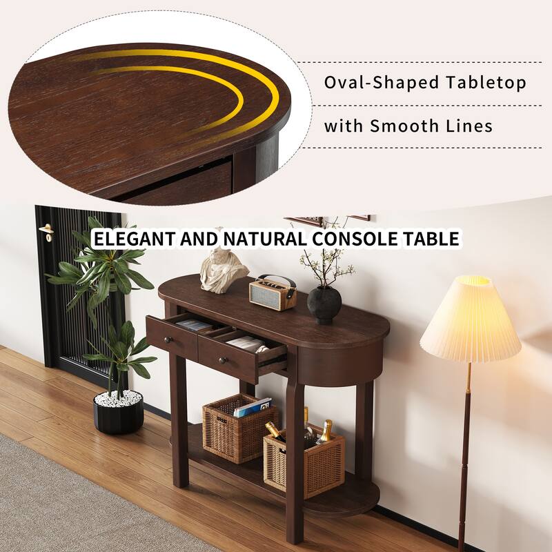 Curved Console Table with 2 Storage Drawers and Metal Handles, Wooden Hallway Tables Entryway Table wOpen Storage Shelf