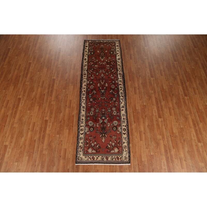 Hand Knotted Oriental 100% Wool Carpet Traditional Geometric Red Hamedan Runner Rug - 10' 2'' X 3' 2''