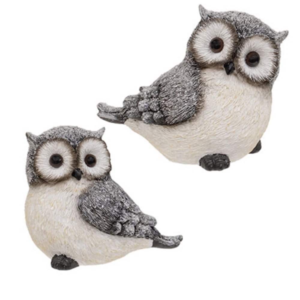 Winter Frosted Resin Owl Figurines Tabletop Shelf Mantel Holiday Decoration 5 Inch - 2 Asstd - 5" H x 6" W x 4.5" D