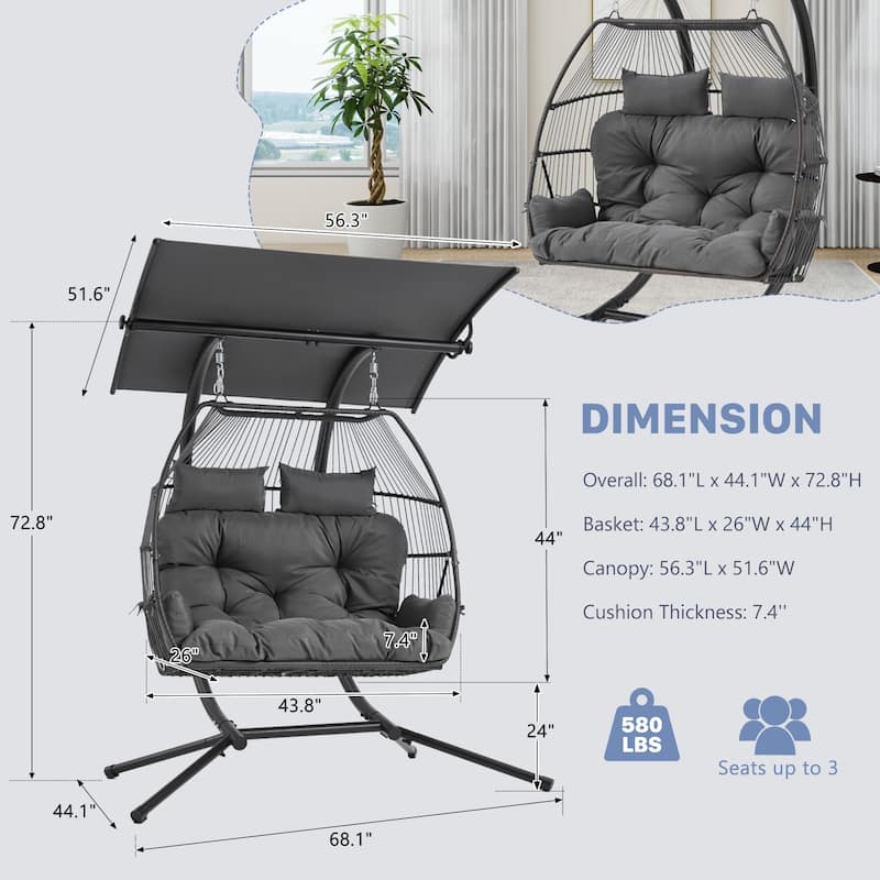 Double Hanging Egg Chair with Adjustable Canopy - Outdoor Swing Chair with Stand, Cushions & Pillows - Wicker Rattan Hammock.
