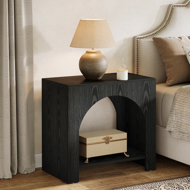 Farmhouse Nightstand with Storage, Large Wooden Bedside Table - Black