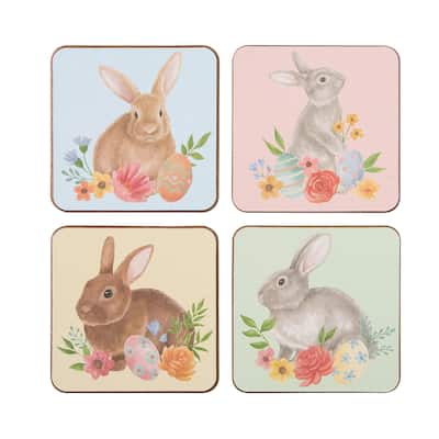 Floral Bunny Coasters, Set of 4 Cup Drink Holder Tabletop Protection Table Spring Summer Easter