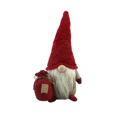 Knitted Gnome With Gift Bag Christmas Decoration 14.5" Red and Beige