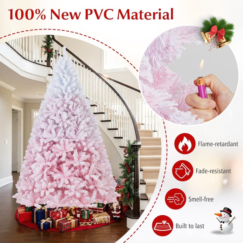 Gymax Artificial Christmas Tree Hinged Snow Flocked Xmas Tree w/ Lush - Pink, White