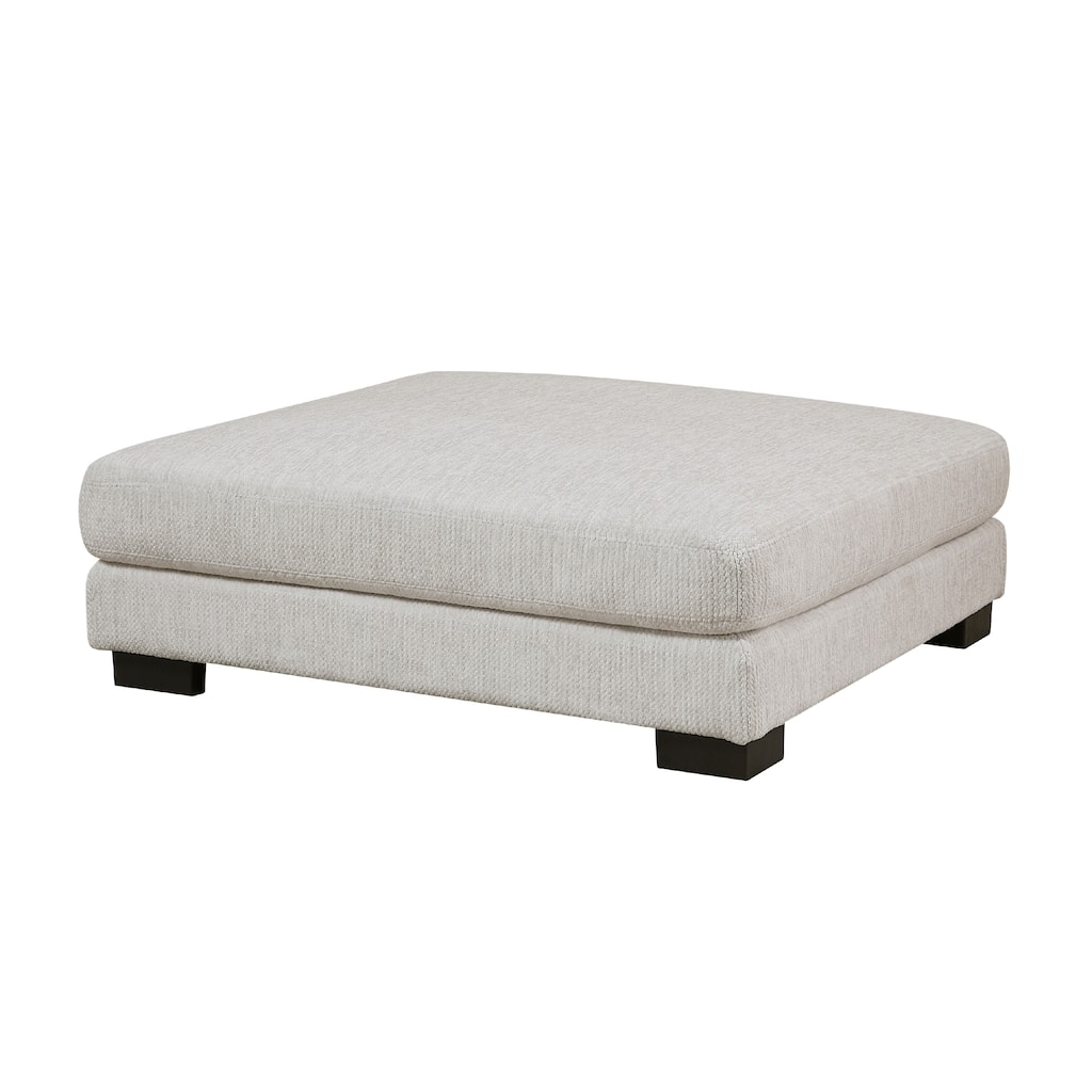 Liny Square Ottoman, 45 Inch Beige Microfiber, Black Solid Wood